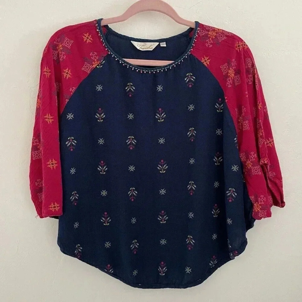 Tavisha Women’s Boho Top Medium Crop Blue/Fuschia Beaded Festival Hippie Casual